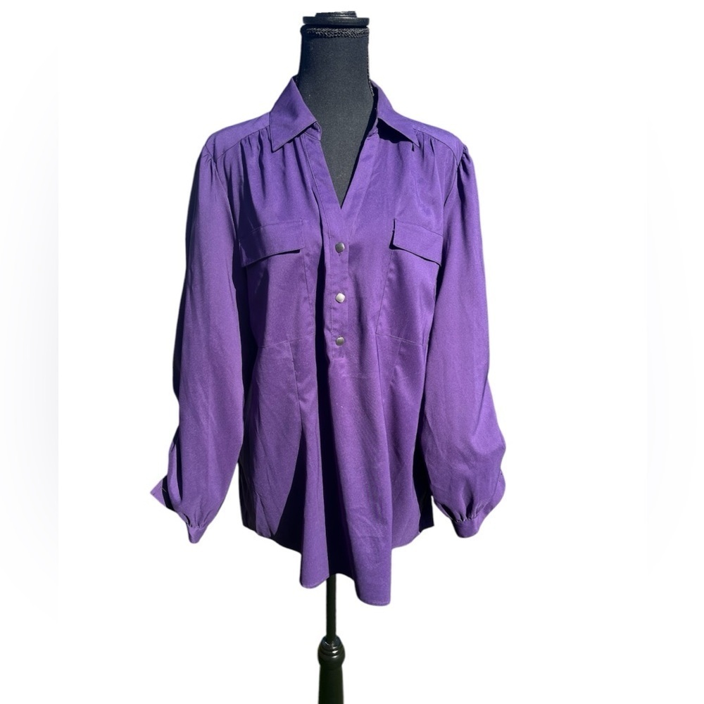 Women’s purple long sleeve button blouse by Alpha Sz 14 lining polyster & spndex